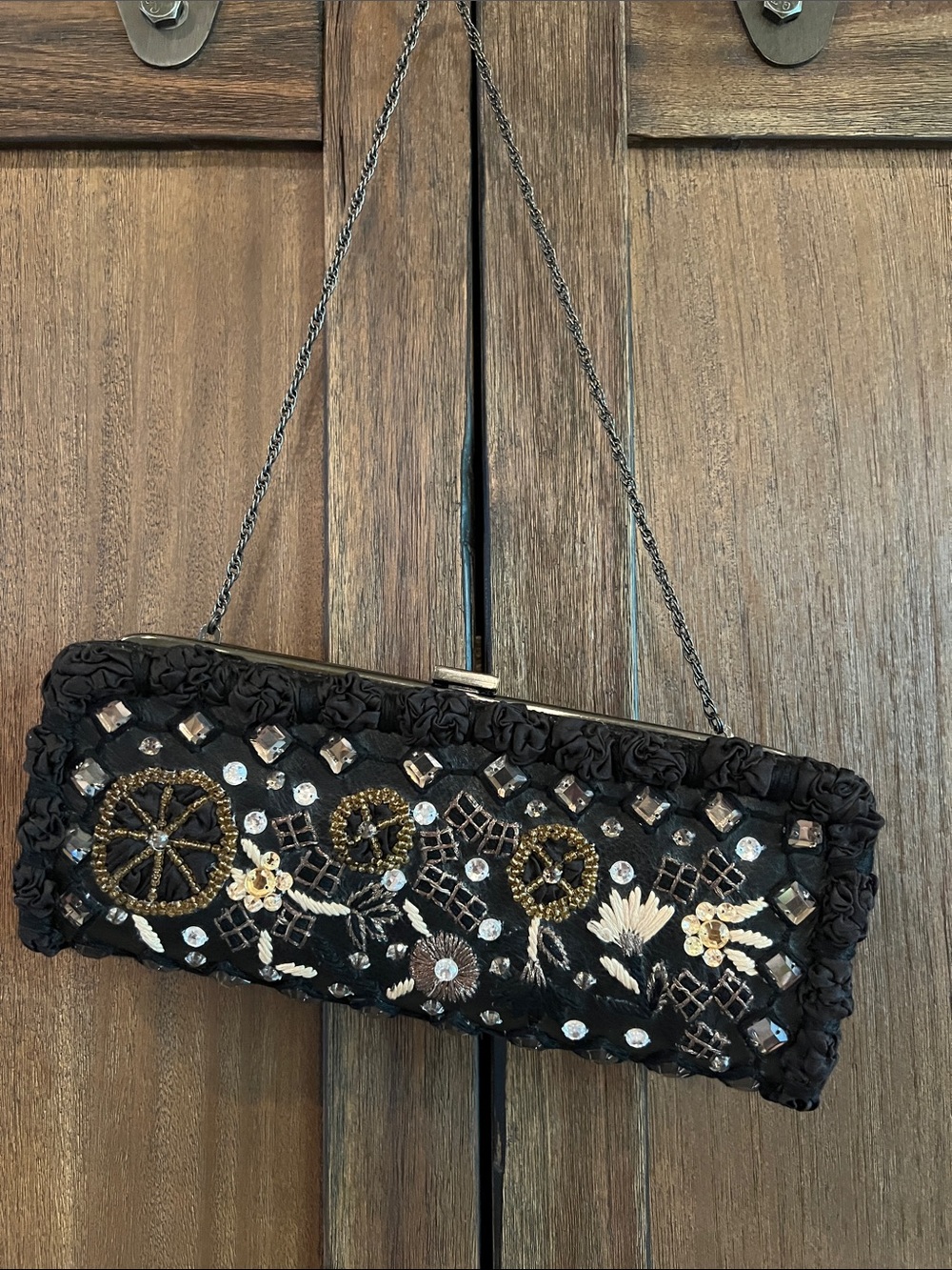 Santi Black & Gold Beaded Floral Evening Clutch with Chain Strap